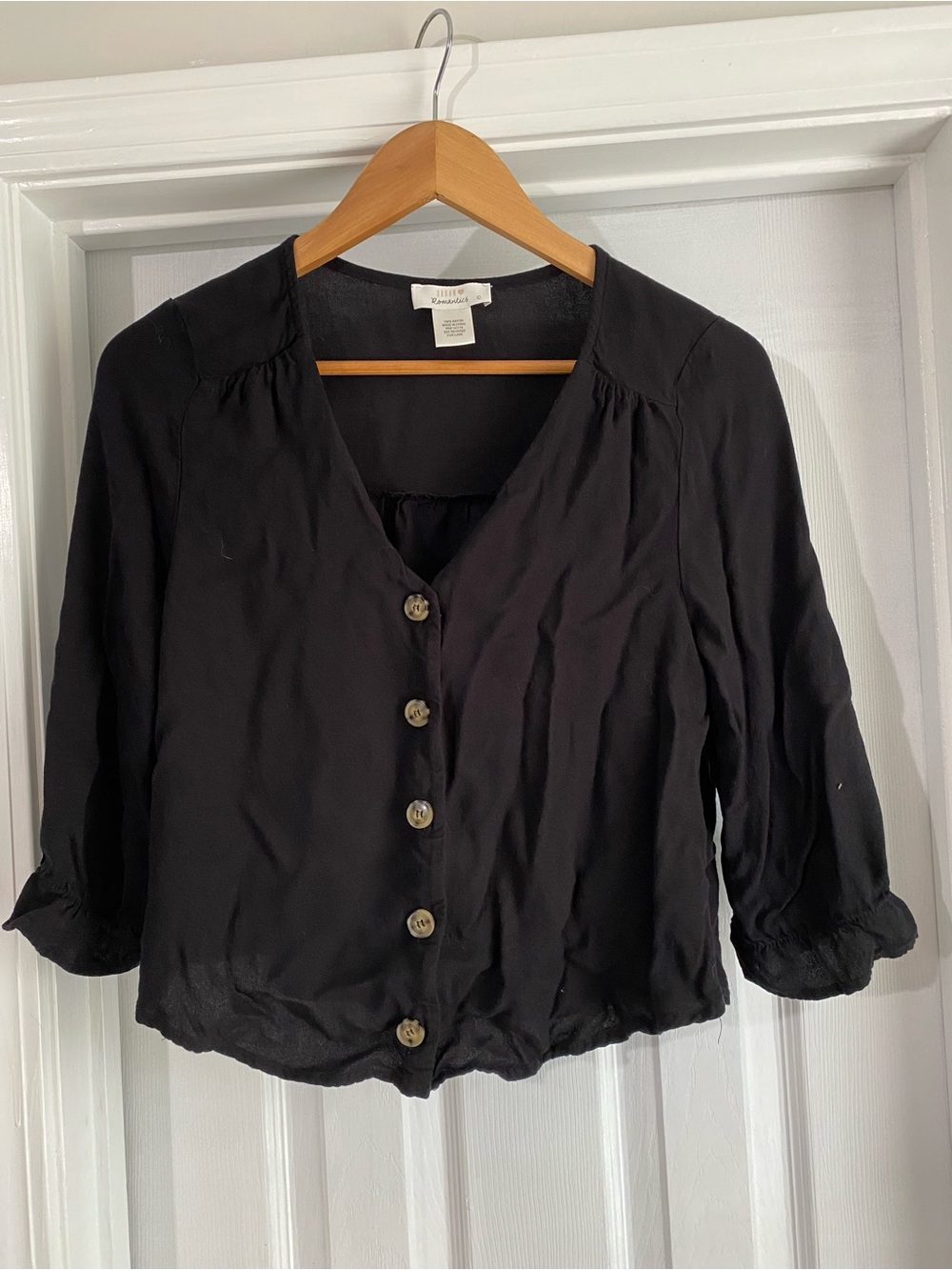 URBAN Romantics Black Button-Front V-Neck Peasant Blouse